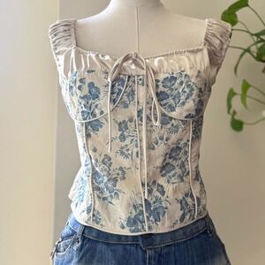 Cottagecore Soft‑Girl Blue Floral Corset Top L Dainty Romantic Fairycore Spring